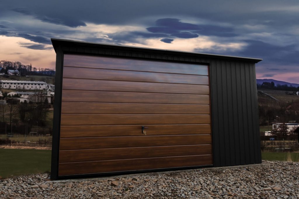 Metal garage 4m x 5m (13ft 1.48in x 16ft 4.85in) Horizontal Golden Oak +  Black Matte